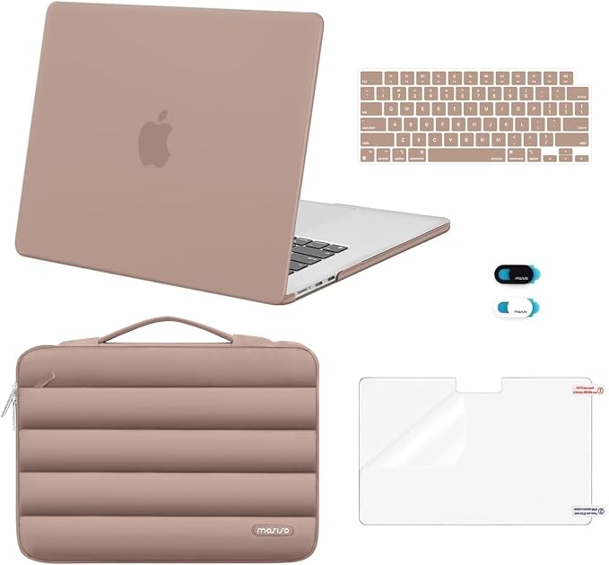 MOSISO Compatible with MacBook Air 15 inch Case M5 2026 M4 2025 M3 2024 M2 2023 A3448 A3241 A3114 A2941, Plastic Hard Shell Case&Puffy Sleeve Bag&Keyboard Skin&Webcam Cover&Screen Film, Bronze Brown