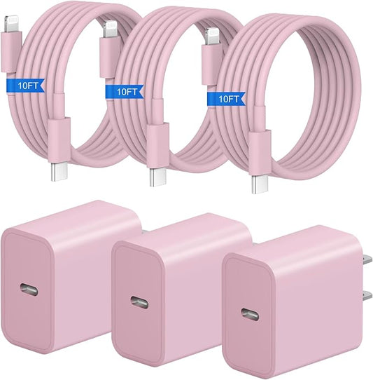 iPhone Fast Charger 3+3Pack 20W USB C Wall Charger with 10FT Fast Charging Cable Compatible with iPhone 14/13/12/11/Pro/Pro Max-Pink