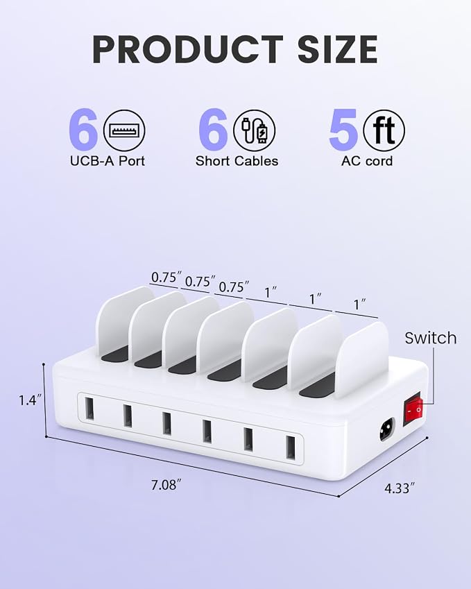 Charging Station for Multiple Devices Apple, CREATIVE DESIGN 50W Multi Charger Station with 6 USB Ports & 6 Cables, Charging Dock for Apple Android Phone iPad Kindle Tablet and Other Electronic