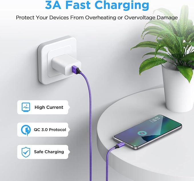 etguuds USB to USB C Cable 3ft, 2-Pack USB A to Type C Charger Cord Fast Charging for Samsung Galaxy A17 A16 A15 A26 A36 A56, S25 S24 S23 S22 S21 S20 S10 Note 20, for iPhone 17 16 15, Moto, Purple