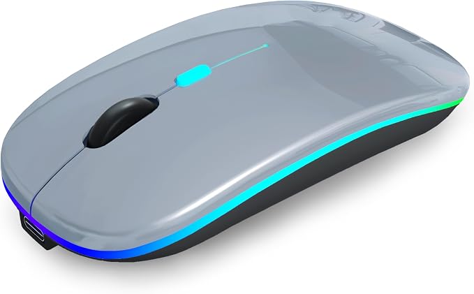 AIKOKOK Wireless Bluetooth Mouse, Rechargeable, Dual Mode Bluetooth 5.2 & 2.4G USB, LED Lights, Slim, Silent, Portable Computer Mouse for Laptop, PC, MacBook, iPad, Tablet (Grey)
