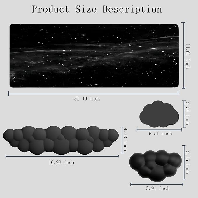 Cloud Mouse Pad Keyboard Wrist Rest 4PCS Extended Large Galaxy Desk Mat Pad Set Memory Foam Non-Slip Cute Ergonomic Gaming Mouse Pad Wrist Support for Computer Laptop Home Office Black