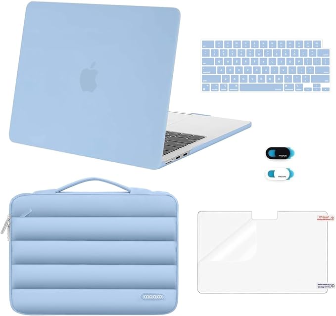 MOSISO Compatible with MacBook Air 13 inch Case M5 2026 M4 2025 M3 M2 2024-2022 A3449 A3240 A3113 A2681, Hard Case&Puffy Bag&Keyboard Cover&Webcam Cover&ScreenFilm for MacBook Air 13.6, Air Blue