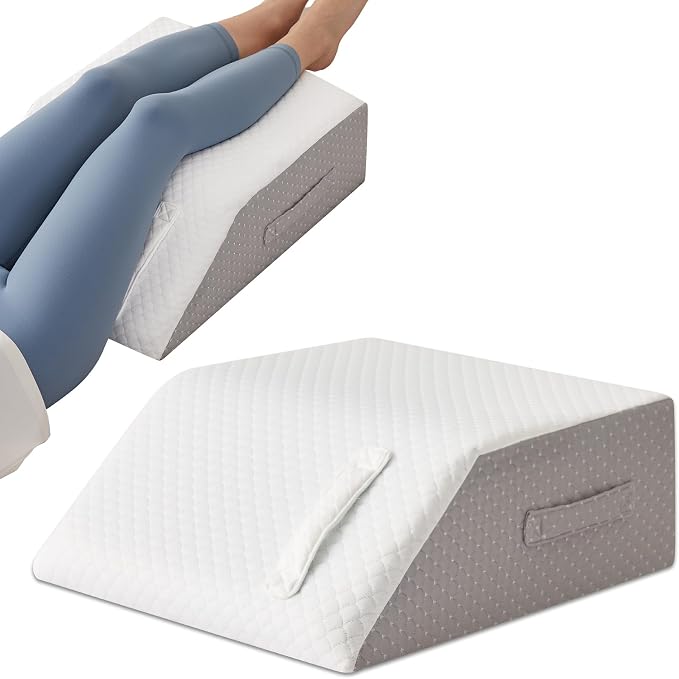 MEGCXIT Leg Pillow Elevation Blood Circulation, Leg Wedge for Elevation for Swelling, Leg Elevating Pillow for After Surgery, Memory Foam Foot Knee Pillow for Back Sleeping 24×19×8 Inch White/Grey