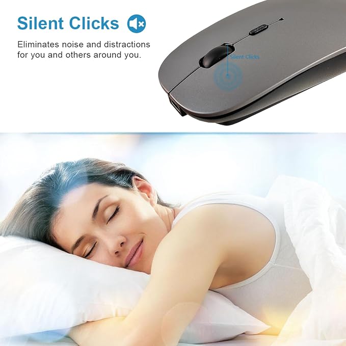SUNGI Bluetooth Mouse,Wireless Slim Silent Mouse Jiggler Rechargable Mouse for iPad/MacBook/Tablet/PC/Cellphone,Gray