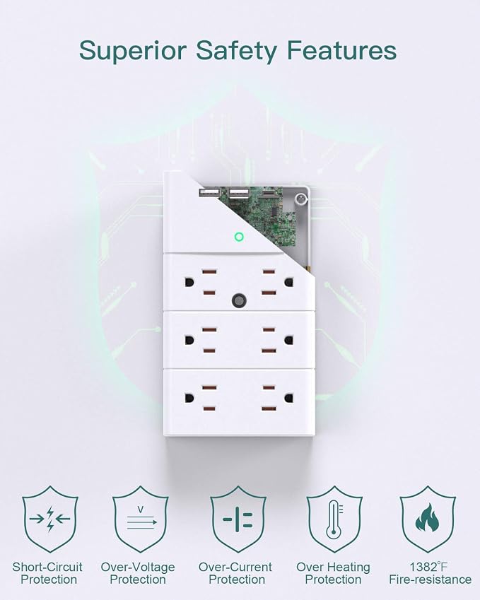 Addtam Multi Plug Wall Outlet, Surge Protector Wall Mount with 12 Outlet Extender 4 Sides and 3 USB Ports (1 USB-C), Outlet Splitter Power Strip for Home Office Dorm Room Essentials, White