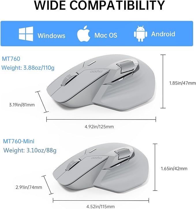 Rapoo MT760Mini Bluetooth Wireless Mouse - Bluetooth 5.0 and 2.4GHz Multi-Mode Connection, Support 4 Devices, M+ Cross Computer Technology, 11 Programmable Buttons,Light Grey
