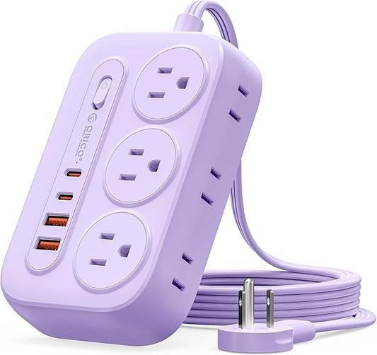 ORICO Surge Protector Power Strip, PD20W Multiple Outlets Extension Cord with 6 AC Outlets and 4 USB Charging Ports (2 USB-C), 45° Flat Plug, 5 Ft Mountable Outlet Extender for Home/Office/Dorm - OG