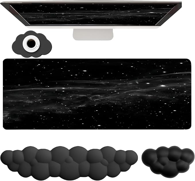 Cloud Mouse Pad Keyboard Wrist Rest 4PCS Extended Large Galaxy Desk Mat Pad Set Memory Foam Non-Slip Cute Ergonomic Gaming Mouse Pad Wrist Support for Computer Laptop Home Office Black