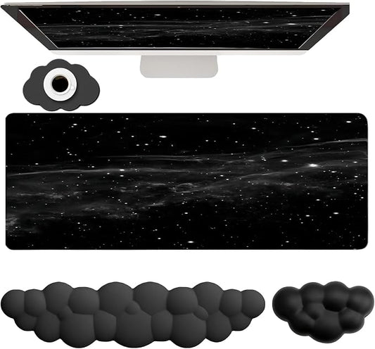 Cloud Mouse Pad Keyboard Wrist Rest 4PCS Extended Large Galaxy Desk Mat Pad Set Memory Foam Non-Slip Cute Ergonomic Gaming Mouse Pad Wrist Support for Computer Laptop Home Office Black