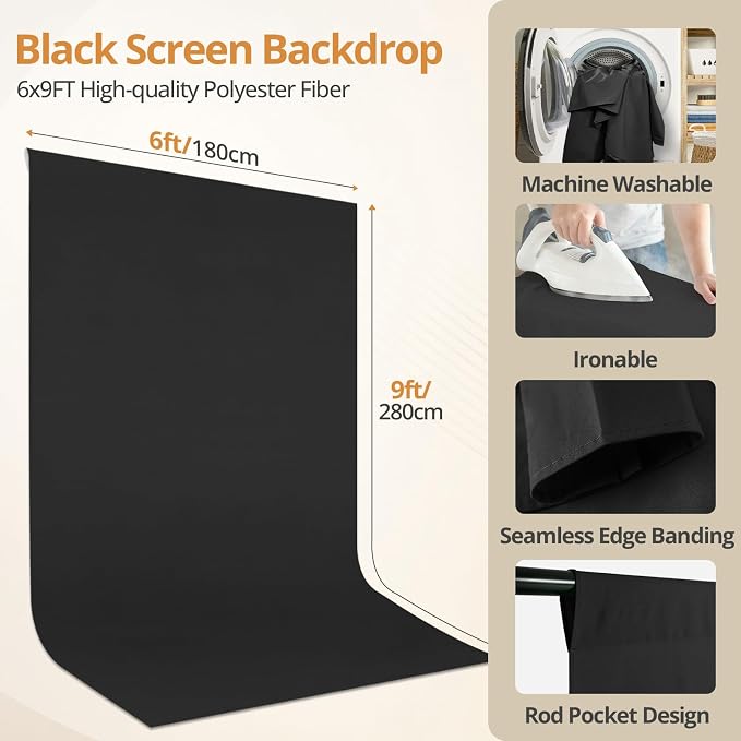 10×7FT Black Backdrop with Stand Kit, 6×9FT Black Screen Background with Photography Stand, 6 Clamps and Carrying Bag for Photo Shoot, Video Recording, Streaming, Decoration