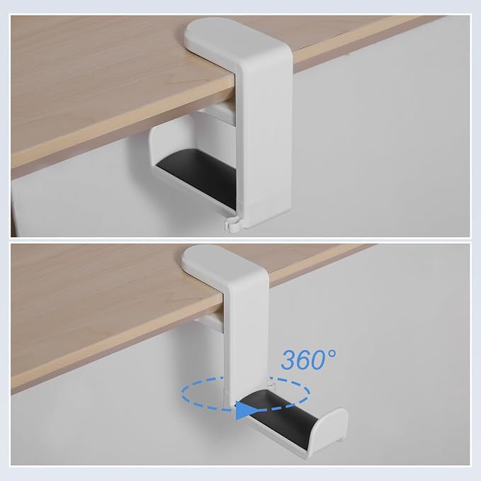 HARFINGTON Headphone Stand Holder 360 Degree Adjustable Clamp Desk Hook Clamp 0.39"-1.65" Clamping Range PC Gaming Headset Stand for Headphone Earphone, White/Black