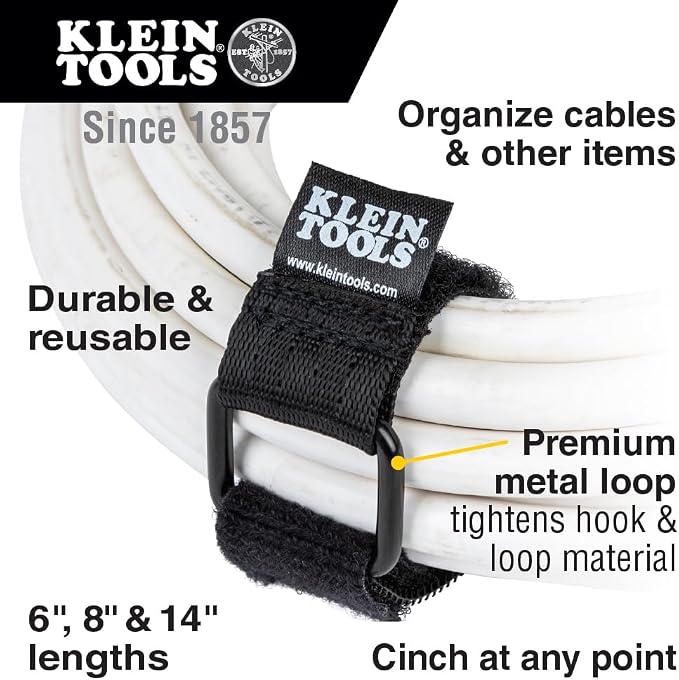 Klein Tools 80071 Industrial Cable Management Kit, 50-Pound Tensile Strength Zip Ties, Hook and Loop Cinch Straps, 3-Piece Multi-Size Pack