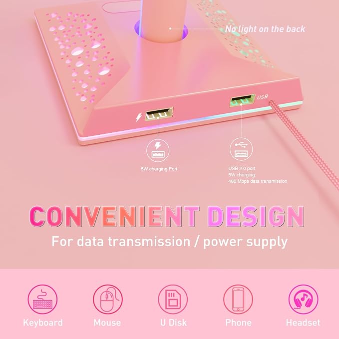 VCOM RGB Gaming Headphones Stand with 2 USB Ports, Pink Headset Stand with 10 Light Modes and Non-Slip Rubber, Suitable for PC Desk Accessories Gamers Gift(Pink)