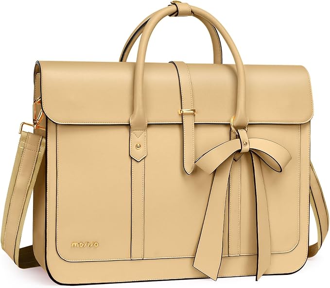 MOSISO Laptop Bag for Women, 15-15.6 inch PU Leather Laptop Shoulder Bags Convertible Backpack, 16 inch Messenger Bags Casual Handbag Work Briefcase Travel Computer Bag with Bowknot, Turmeric