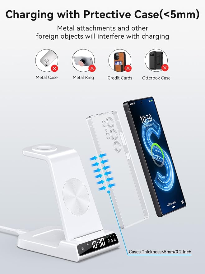 Wireless Charger for Samsung Charging Station with Clock for Samsung Galaxy S25 Ultra/S24 Ultra/Z Flip 7/Z Fold 6/Galaxy Bud, 3 in 1 Charger Station Watch Charger for Galaxy Watch 8/7/6/5 Pro (White)