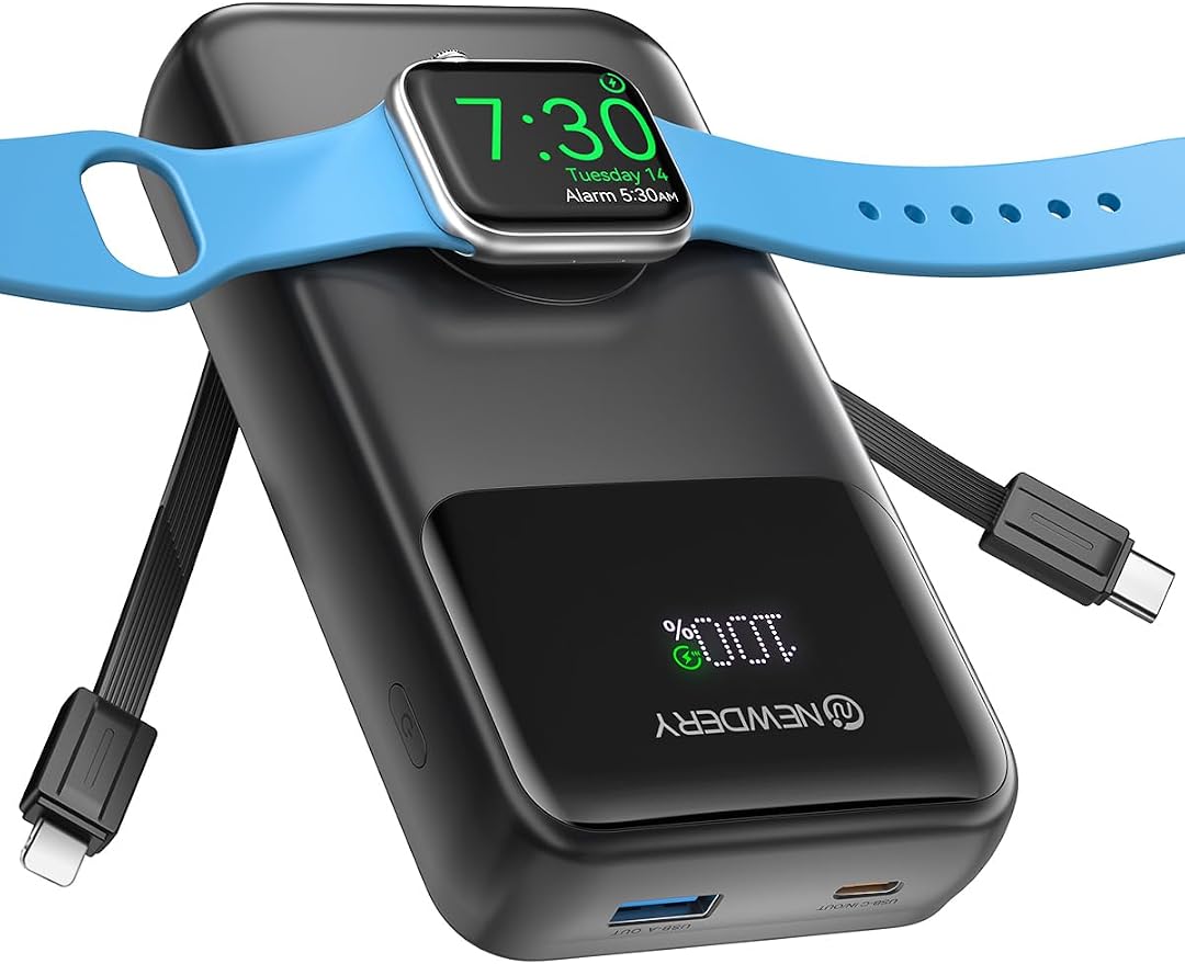 NEWDERY 5-in-1 Portable Charger 20000mAh Power Bank for Apple Watch/iPhone, PD 20W Fast Charging with LED Display, Built-in 2 Cables, Travel Battery Pack Compatible with iWatch, iPad, Samsung
