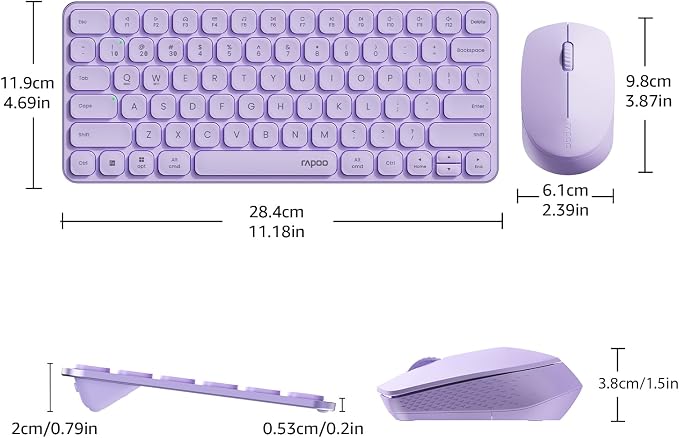 Rapoo Multi-Device Keyboard and Mouse Combo, 2.4GHz/Bluetooth 5.0/4.0 Wireless Keyboard & Mouse Set for Windows/Mac/Linux/Chrome, Support 4 Devices, Low-Profile Silent Click, Battery Powered, Purple
