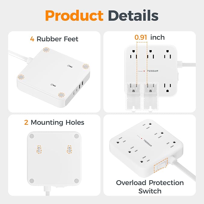 TESSAN 15Ft Grey Extension Cord with Multiple Outlets, Surge Protector Power Strip with 6 Outlets and 4 USB Ports (2 USB C), 2100 Joules Protection, Flat Plug, Outlet Extender for Home, Office, Dorm