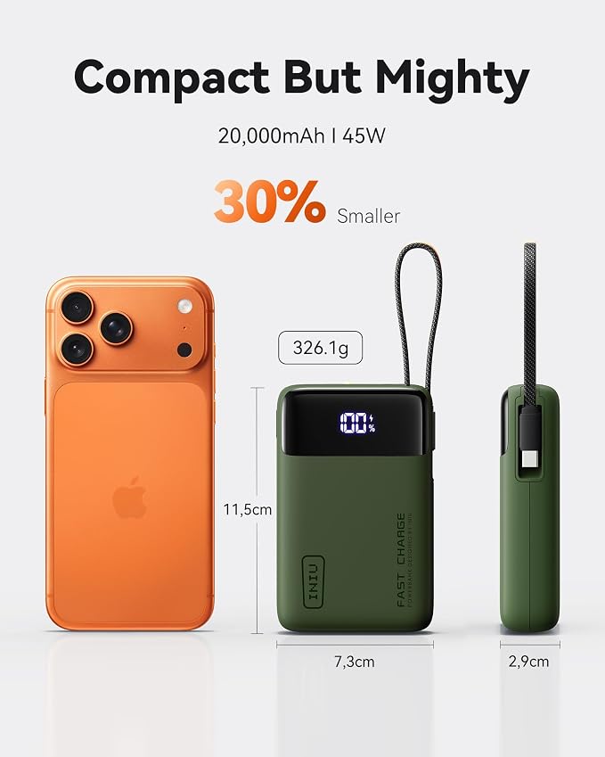 INIU 20000mAh Power Bank, Small 45W PD Fast Charging Portable Charger with Built-in USB C Cable, Flight-Safe Travel External Phone Battery Pack for iPhone 17 Pro Max Samsung S26 iPad etc, Green