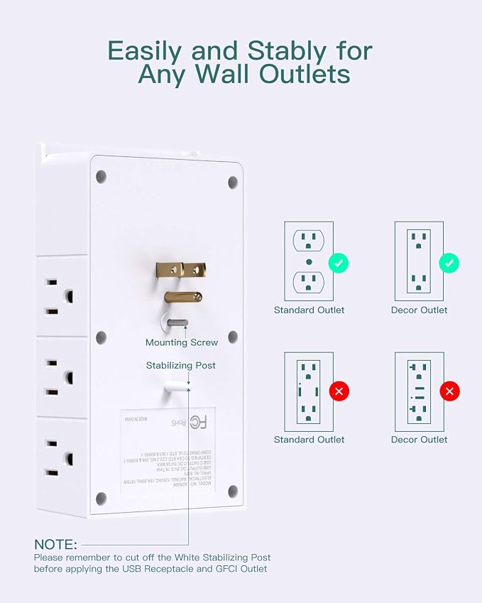 Addtam Multi Plug Wall Outlet, Surge Protector Wall Mount with 12 Outlet Extender 4 Sides and 3 USB Ports (1 USB-C), Outlet Splitter Power Strip for Home Office Dorm Room Essentials, White