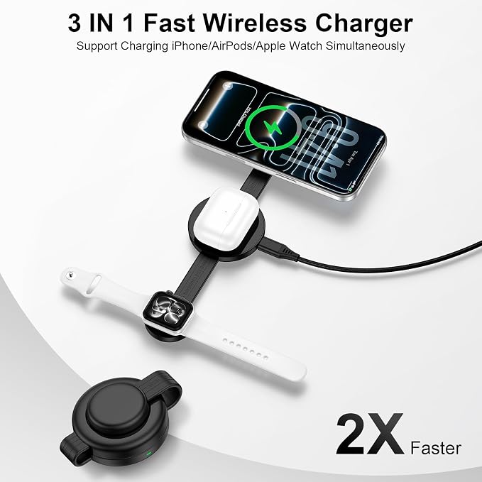 3 in 1 Wireless Charging Station for iPhone 17e, Foldable Portable Travel Magnetic Charging Pad for iPhone 17 16 16e 15 Pro Max Apple Watch AirPods Fast Wireless Charger Apple Device Charging Hub