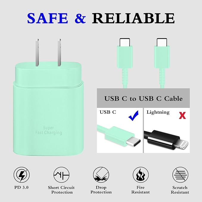 Type C Charger, 2-Pack 25W Type C Chargers Fast Charging Block with 6ft USB C Charger Cable Compatible with Galaxy S23 Ultra/S23+/S22/S21/S20/Phone 16/16 Plus/16 Pro Max/15/15 Pro Max/15 Plus-Green