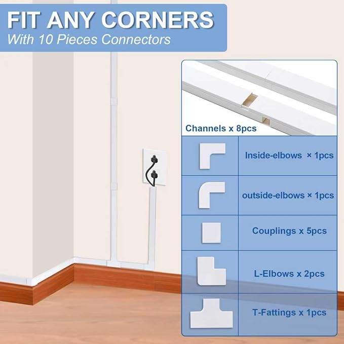 126in Cord Hider Kit, Cord Covers for Wires on Wall, Cable Hider Cord Organizer, Wire Hiders for TV on Wall, Cord Concealer, Cable Cover Wall Wire Management, 8X L15.7 W0.96 H0.58in, White