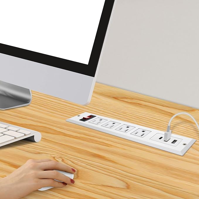 20W Mountable Power Strip USB C Recessed Power Strip USB-C Fast Charge 4 Outlet 3 USB Multiple Protection Built in Conference Desk Counter Workbench for PC Home Electric Appliance White