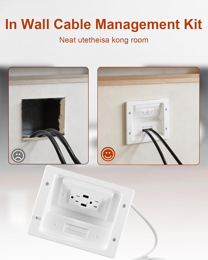 In Wall Cable Concealer Kit with Brush Wall Plate AC Outlets and 2 USB Ports, 9ft Cord, Hide Cords Recessed Wall Outlet for TV Cable Management, HDMI Cables and Home Theater Systems