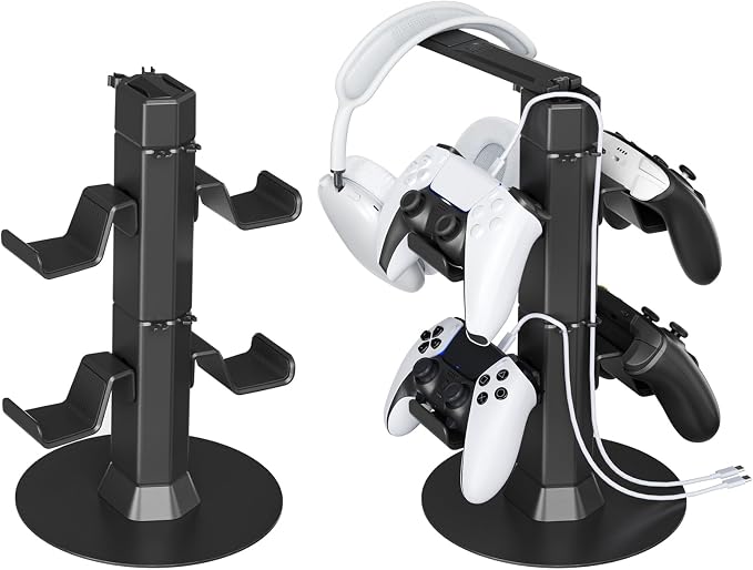 Gaming Controller & Headset Holder Stand for Desk, with Charger Cable Organizer Headphone Stand for PS5/ Xbox/ PS4/ Switch, Metal Base Controller Hook for Storage with 360° Rotatable Hanger- 2 Tiers