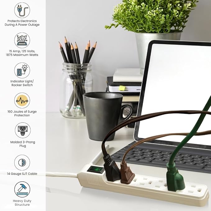 Go Green Power 6-Outlet Mini Surge Protector, 90 Joules, Circuit Breaker, Mountable, White – Ideal for Computers & Home Appliances