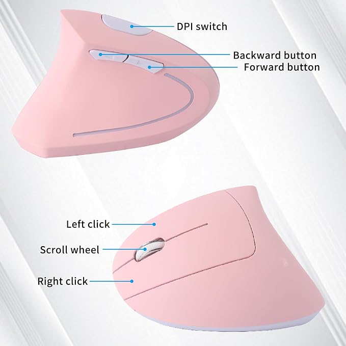 Left Handed Mouse, Ergonomic 2.4GHz Vertical Optical Wireless Mouse with USB Receiver DPI (800/1200/1600) for PC Computer Laptop Macbooks,Cordless Mice Specially for Lefty Left-handers(Pink)