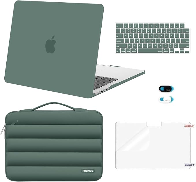 MOSISO Compatible with MacBook Air 13 inch Case M5 2026 M4 2025 M3 M2 2024-2022 A3449 A3240 A3113 A2681, Hard Case&Puffy Bag&Keyboard Cover&Webcam Cover&ScreenFilm for MacBook Air 13.6, Emerald Green