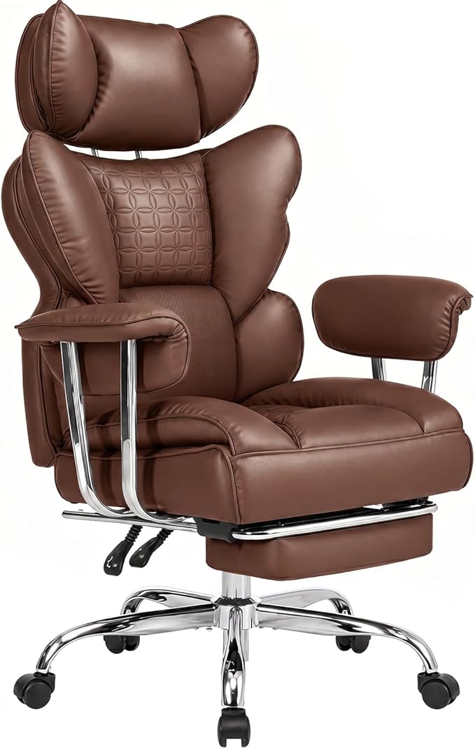 DUMOS Big and Tall Office Chair 350 LBS, Scratch-Resistant PU Leather Executive Office Desk Chair with Footrest, Ergonomic Reclining Computer Chair with Pocket Spring Support for Home Office, Brown