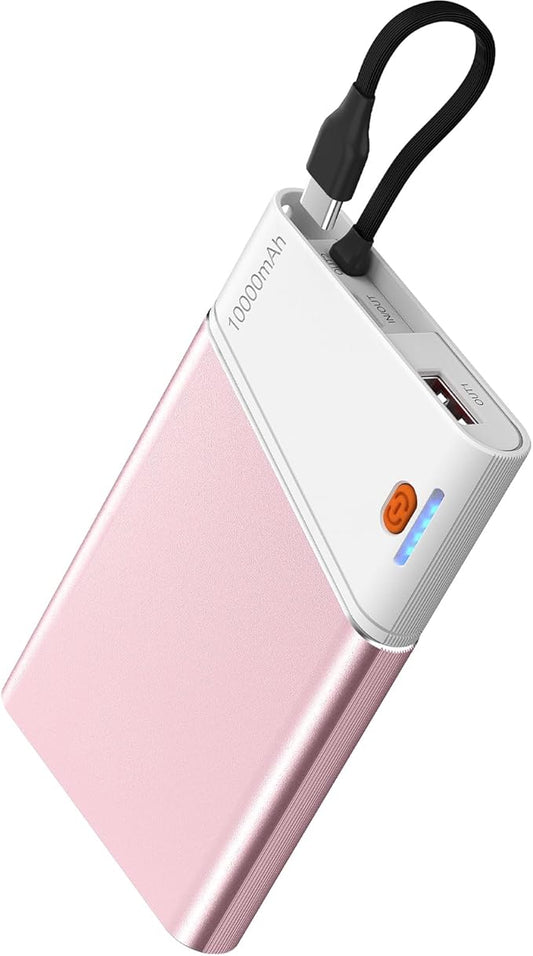 Aaoyun Portable Charger Power Bank, 10000mAh 22.5W PD Fast Charging Powerbank with Built-in USB C Cable, Slim External Phone Battery Pack for iPhone 17/16/15 Samsung S24 Android etc (Pink)