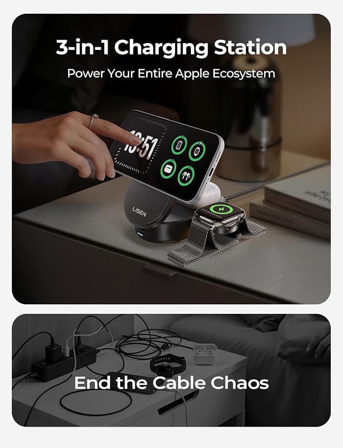 LISEN [Ultra-Fast 25W] 3-in-1 Charging Station for Apple, Qi2.2 25W Foldable Wireless MagSafe Charger Stand for iPhone 17/16/15/14/13 Pro Max, Apple Watch&AirPods, Travel Portable with 45W Adapter