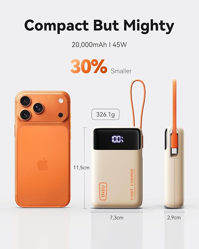 INIU 20000mAh Power Bank, Small 45W PD Fast Charging Portable Charger with Built-in USB C Cable, Flight-Safe Travel External Phone Battery Pack for iPhone 17 Pro Max Samsung S26 iPad etc, Beige