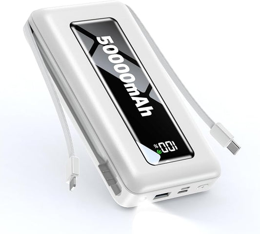 Power Bank, 50000mAh Travel Camping Essential Portable Charger with Built-in USB-C & iOS Cable, 22.5W PD Fast Charging Battery Pack, for iPhone 17/16/15, MacBook, Android – Pearl White