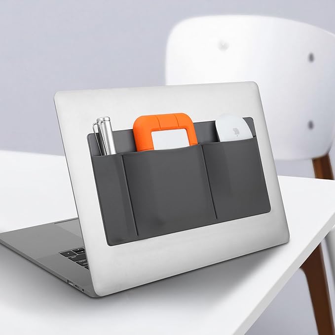 Lacdo 3-Pocket Mouse Holder for Laptop Stick on, External Hard Drive SSD Holder for Laptop, Stick on Pouch Organizer Adhesive Pocket Storage Sleeve for Mouse/HDD/SSD/Cables, Computer Accessories, Gray