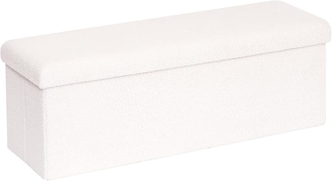 PINPLUS Folding Storage Ottoman Bench, Upholstered Sherpa Ottoman, Large Storage Chest Footrest Footstool with Lids, Entryway Bench for Living Room Bedroom, White, 43.3'' x 15'' x 15''