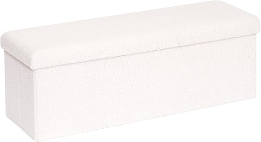 PINPLUS Folding Storage Ottoman Bench, Upholstered Sherpa Ottoman, Large Storage Chest Footrest Footstool with Lids, Entryway Bench for Living Room Bedroom, White, 43.3'' x 15'' x 15''