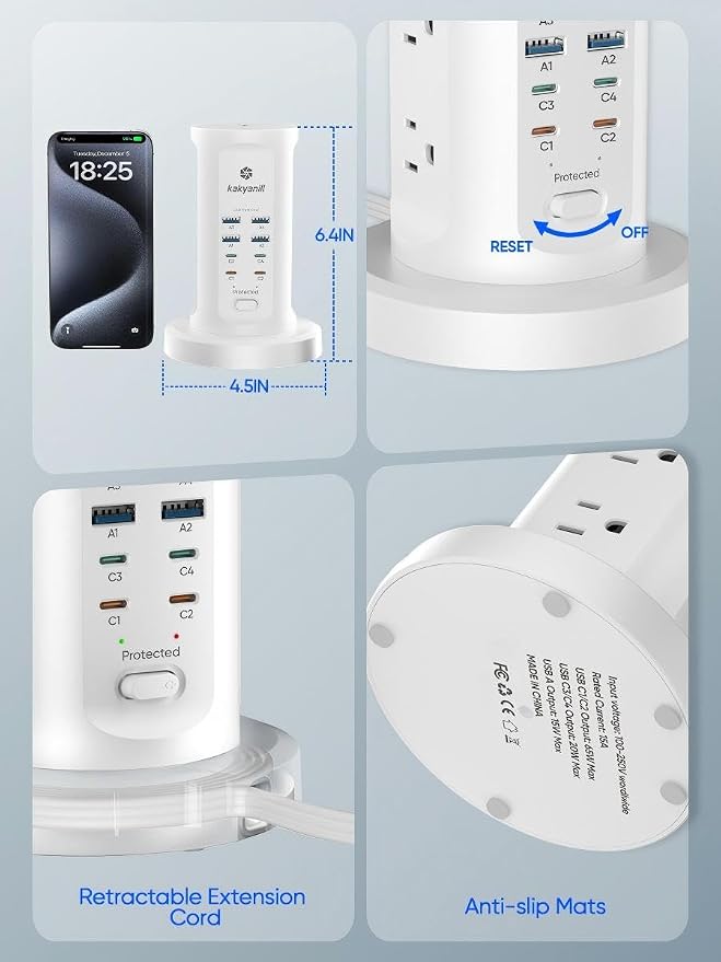 Kakyanill 115W USB Charging Station, Surge Protector Power Strip Tower, 9 AC Outlets with 8 USB Ports(4 USB-C), 6Ft Flat Plug Retractable Extension Cord, for Home Office Dorm, White