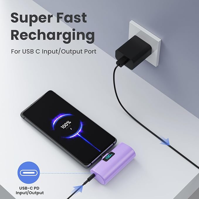[2-Pack]Portable Charger for iPhone 17/16/15 Series,5200mAh PD USB C Power Bank Built-in USB-C Connector, Battery Pack Compatible with iPhone 17/17 Pro Max/16/15 Series,Galaxy,Android(Black+Purple)