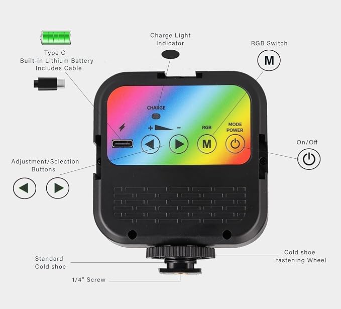 Portable RGB Video Light with 70 LED's, Compatible with Sony ZV-1F, Adjustable Color Temperature, and Long-Lasting Rechargeable Battery