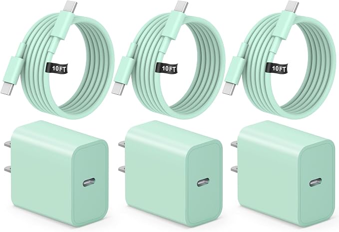 iPhone 17 16 15 Fast Charging 10FT Long USB C Charger Type C Charger 3 Pack Fast Charger USB C for iPhone 17/17 Plus/17 Pro/17 Pro Max/16/16 Plus/16 Pro/16 Pro Max/15 Pro Max,iPad Pro,Samsung(Green)