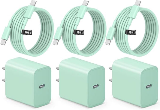 iPhone 17 16 15 Fast Charging 10FT Long USB C Charger Type C Charger 3 Pack Fast Charger USB C for iPhone 17/17 Plus/17 Pro/17 Pro Max/16/16 Plus/16 Pro/16 Pro Max/15 Pro Max,iPad Pro,Samsung(Green)