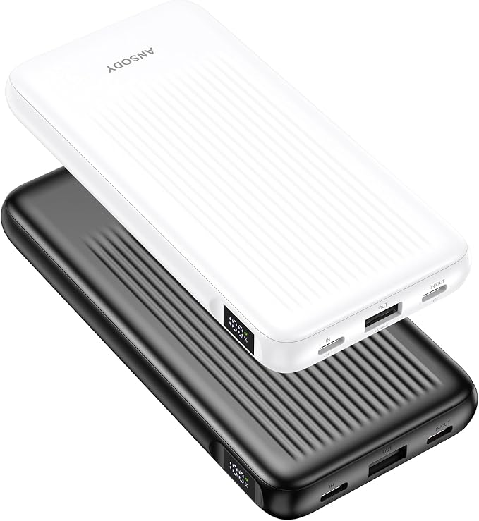 2-Pack 10000mAh Power Bank Fast Charging, 22.5W Compact USB C Portable Charger with 2 Outputs & 2 Inputs, LED Display Battery Pack Compatible with iPhone iPad Tablets, Black & White
