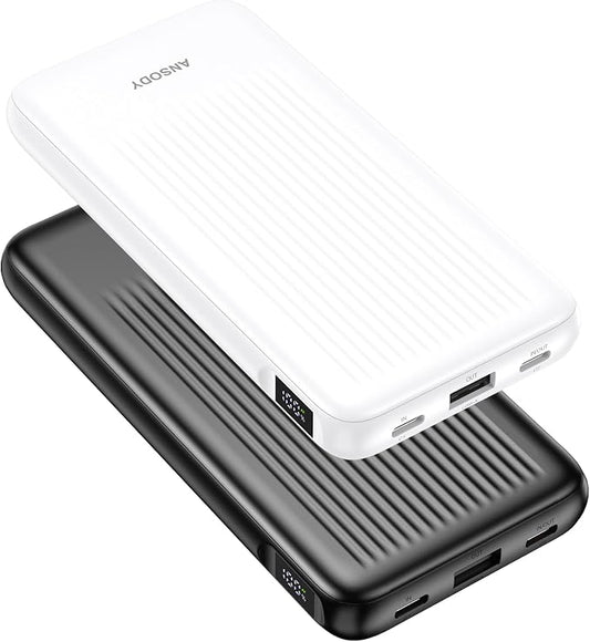 2-Pack 10000mAh Power Bank Fast Charging, 22.5W Compact USB C Portable Charger with 2 Outputs & 2 Inputs, LED Display Battery Pack Compatible with iPhone iPad Tablets, Black & White