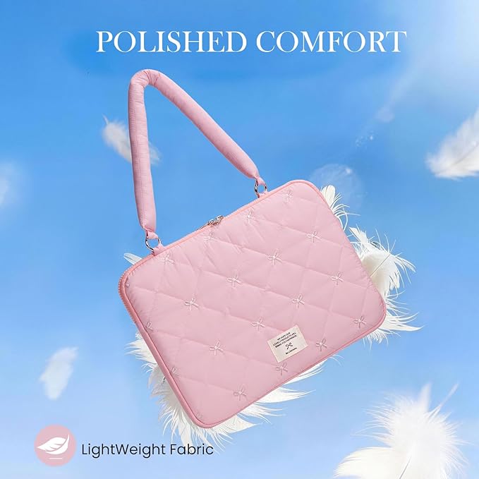 Cute Bow Laptop Case Coquette 13-15 Inch Puffy Laptop Sleeve Accessories Aesthetic Quilted Computer Bag for MacBook (Pink, 13-14inch)